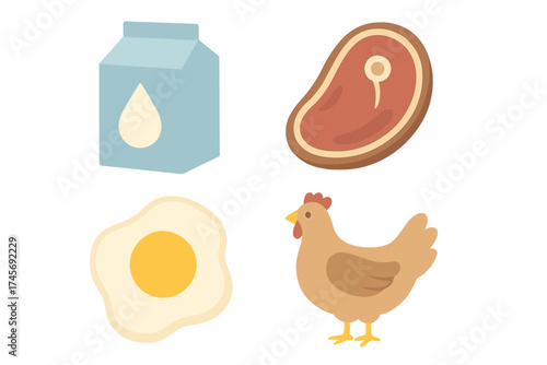 Farm fresh food icon set vector illustration. Agriculture products collection with chicken, beef steak, milk and fried egg. Poultry and dairy symbols for grocery design.