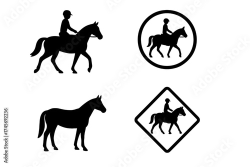 Equestrian horseback riding icon set. Horse and rider silhouette collection. Vector illustration of a jockey, horse crossing road sign, and isolated animal symbol for design.