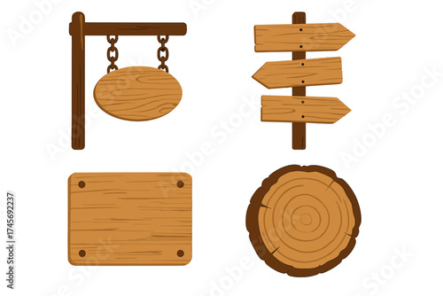 Wooden signboard collection with natural wood texture. Hanging oval sign, arrow direction signs, blank rectangular and round tree rings. Rustic wood signage vector isolated.