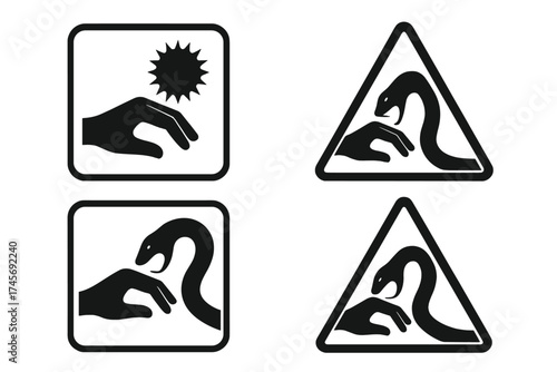 Snake bite warning sign set. Hand and dangerous reptile icon. Venomous animal attack symbol. Caution, do not touch. Sharp object hazard pictogram. Vector illustration.
