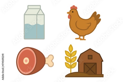 Agriculture and farm product vector icon set. Food production concept with chicken, poultry, meat, ham, milk carton, barn, and wheat stalk. Isolated flat design elements.