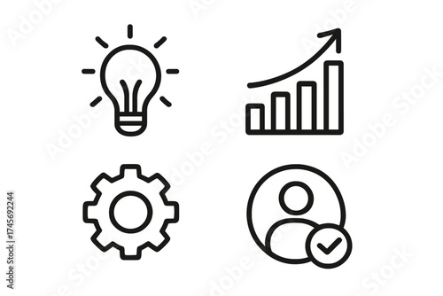 Business icons set. Line art vector illustration. Idea lightbulb, growth chart, settings gear, and verified user profile. Concept of innovation, success, and management.
