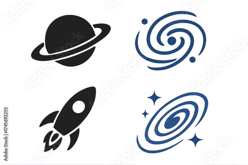 Space icon set. Galaxy, planet, rocket ship symbols. Astronomy and cosmos object collection. Universe exploration vector logo. Saturn, spiral galaxy, spaceship graphic elements.
