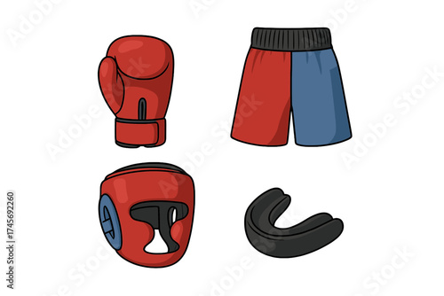 Boxing equipment set vector illustration. Cartoon icons collection of fighter gear. Includes boxing glove, shorts, head guard, and mouth guard for combat sport training.