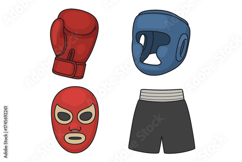 Boxing and wrestling equipment icon set. Lucha libre mask, boxing glove, protective headgear, and shorts. Combat sports gear for fighters. Vector symbol illustration.