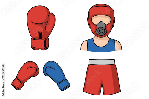 Boxing equipment set with gloves, headgear, and shorts. Vector icon collection for sport, training, and competition. Boxer protection gear for fighting and workout.