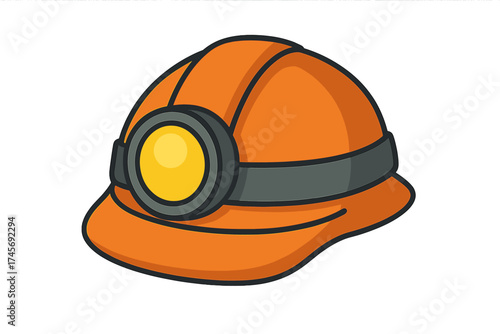 Miner helmet icon. Hard hat with lamp symbol. Cartoon vector illustration. Construction industry. Coal mining safety equipment. Underground work exploration headgear design.