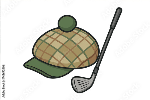 Vintage golf equipment icon with plaid newsboy cap and iron club. Retro golfer accessories for sport, game, or tournament. Classic country club lifestyle symbol vector.