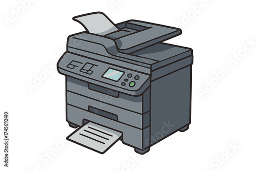 Office multifunction printer vector icon. Copy machine printing paper document. Business photocopier and scanner equipment symbol. Cartoon style illustration isolated.