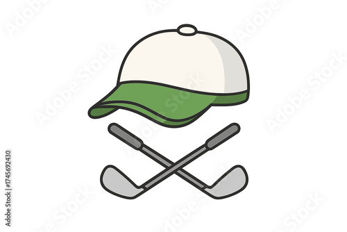 Golf logo with crossed clubs and cap. Sport game symbol. Vector icon for team or tournament. Golfing equipment illustration for leisure, hobby or competition. Cartoon graphic design element.
