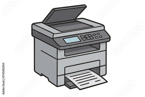 Office multifunction printer scanner cartoon style. All-in-one device for copy, scan, and print. Business equipment for document management. Technology vector illustration.
