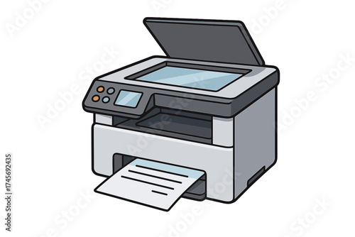 Multifunction printer and scanner cartoon vector illustration. Office equipment for printing and copying documents. Photocopier machine icon. Technology for business isolated.