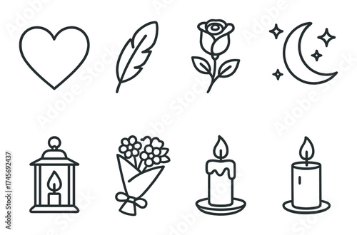 Nature and night themed outline icons: heart, feather, rose, moon, candle, lantern