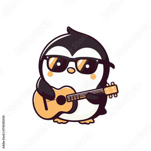 A stylish penguin wearing sunglasses plays a guitar, showcasing a fun and playful atmosphere