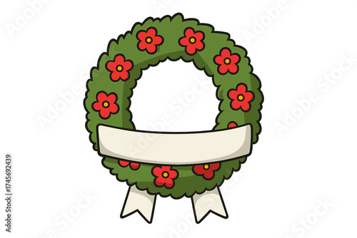 Funeral wreath with red flowers and a blank ribbon for text. Vector illustration for memorial, condolence, sympathy, death, mourning, loss, grief, and remembrance ceremony.