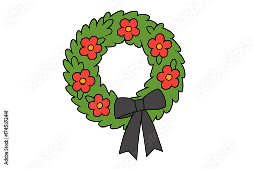 Funeral wreath with red flowers and black ribbon bow. Memorial, condolence, and remembrance symbol. Vector illustration for grief, sorrow, and death concepts. RIP decoration.