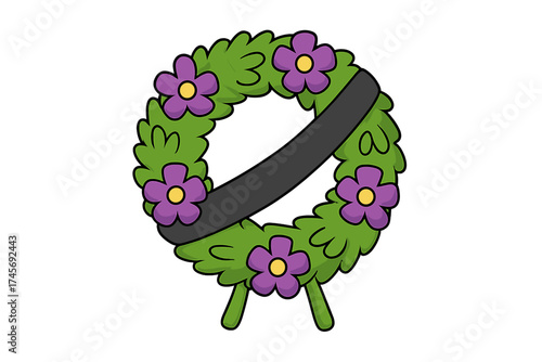 Funeral wreath with purple flowers and black mourning ribbon. Memorial ceremony icon. Condolence, grief, sorrow and loss concept. Vector illustration for death and remembrance.
