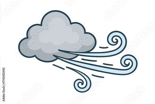 Windy cloud blowing wind icon. Weather symbol vector illustration. Cartoon clipart of a gust of wind, breeze, and air flow. Meteorology forecast and climate concept art.