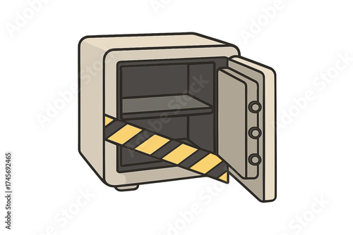 Financial crisis concept. Empty open safe with warning tape. Metaphor for bankruptcy, debt, poverty, theft, economic collapse, being broke, investment risk. No money.