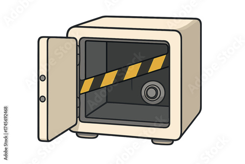 Open empty safe with yellow and black barrier tape. Metaphor for bankruptcy, financial crisis, theft, robbery, economic problem. Security failure concept. Vector illustration.