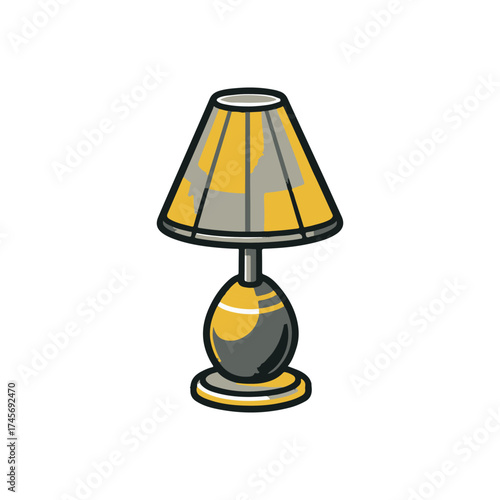 A stylish table lamp with a yellow and gray design, illuminating a cozy living room setting