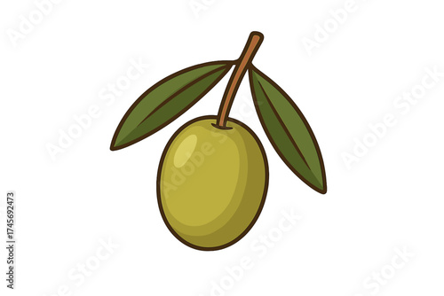 Green olive vector icon on branch with leaves. Cartoon illustration isolated on transparent background. Healthy food, Mediterranean diet concept. Natural organic ingredient.