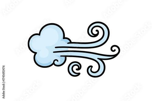 Wind icon in cartoon style, a weather symbol for blowing air. Stock vector illustration of a cold gust. Fresh breeze and climate sign. Blue cloud blowing a gale concept.