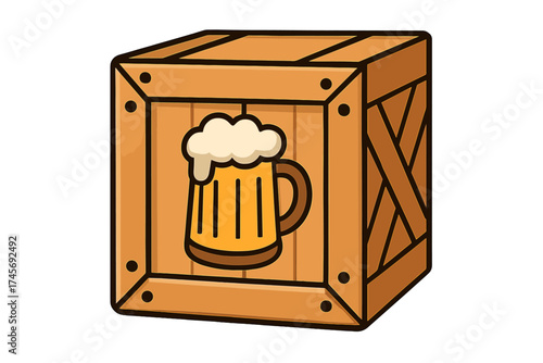 Beer delivery wooden crate icon. Alcohol shipping box with beer mug logo symbol. Vector for brewery logistics, beverage transport, pub supply. Cartoon container illustration.