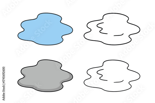 Puddle icon set in cartoon style. Clean blue water and dirty mud puddle collection. Weather symbol for rain, spill, and wet conditions. Liquid splash vector illustration.