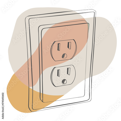 Electrical outlet icon in simple line art style with abstract color shapes for electronics concept