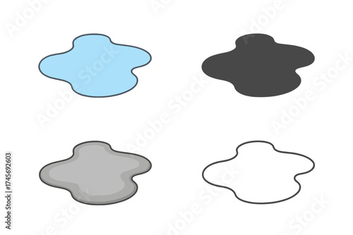Puddle icon set cartoon style. Water spill, liquid splash, rain drop graphic element. Weather symbol collection. Vector illustration with silhouette and outline versions.
