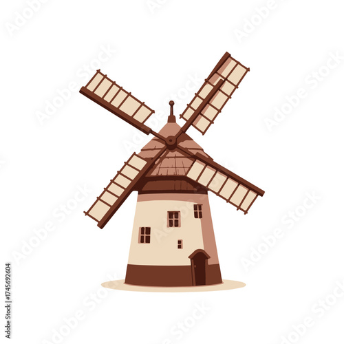 A traditional windmill with rotating blades set against a clear sky, symbolizing renewable energy