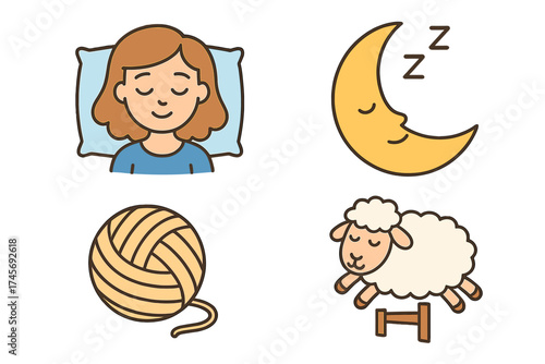 Sleep icon set vector illustration. Cartoon icons for resting, relaxing, and insomnia. Woman sleeping, counting sheep, crescent moon, and yarn ball. Good night concept.