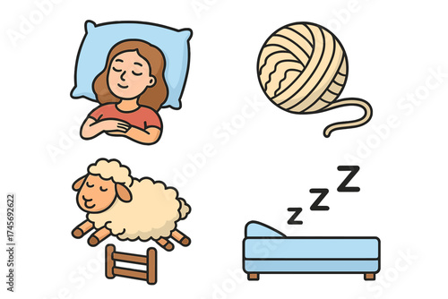 Sleep icon set cartoon style. Woman sleeping in bed, counting sheep for insomnia concept. Vector illustration of rest, relaxation, sweet dreams, slumber and bedtime icons.