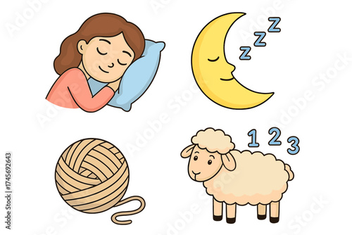 Sleep icon set cartoon vector. Insomnia and relaxation concept. Woman sleeping on pillow, counting sheep, sleeping moon. Bedtime, rest, dream illustration collection.