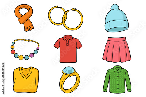 Cartoon clothing and accessories icon set. Vector fashion collection with scarf, jewelry, shirt, skirt, hat, and sweater. Flat design apparel and textile graphic elements.