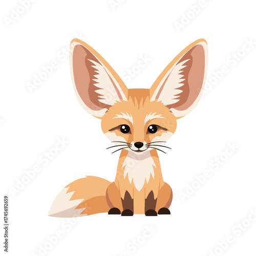 A cute fennec fox with large ears sitting calmly against a plain background, showcasing its charm