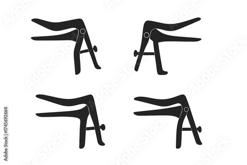 Gynecological speculum icon set. Black silhouette vector of medical instrument for pelvic exam. Gynecology, women's health, and checkup concept. Isolated on white background.