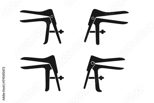 Gynecological speculum vector icon set. Medical instrument for gynecology, obstetrics. Women's health, pap smear test symbol. Diagnostic equipment silhouette graphic design.