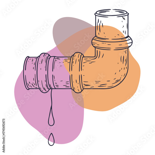 Pipe with leak illustration in detailed line art style with abstract color shapes for plumbing concept