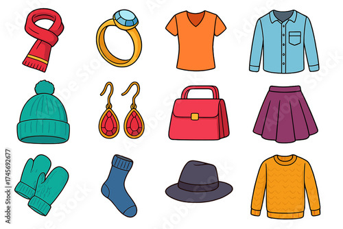 Clothing and fashion accessories icon set. Cartoon vector illustration collection with scarf, sweater, hat, jewelry, shirt, purse, and skirt. Apparel and knitwear web icons.