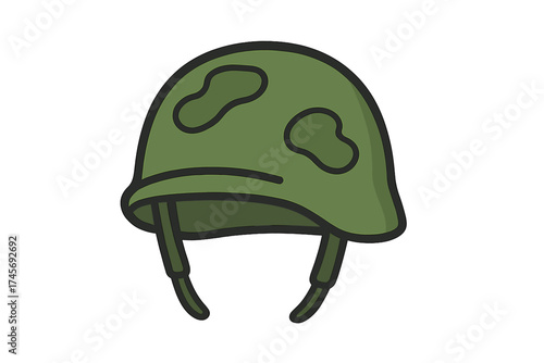 Military helmet vector icon. Army soldier camouflage headgear. Combat protection equipment for war. Defense and battle symbol. Armed forces infantry accessory. Cartoon illustration.