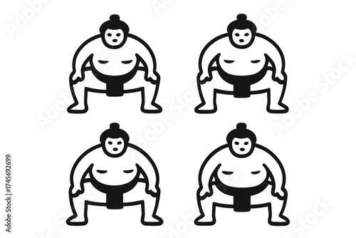 Sumo wrestler icon set in black outline style. Japanese martial arts symbol for graphic design. Traditional Japan sport fighter, rikishi character vector illustration.