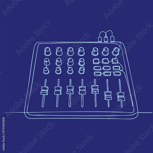 Minimalist line drawing of a sound mixing console with knobs, sliders, and cables on a deep blue