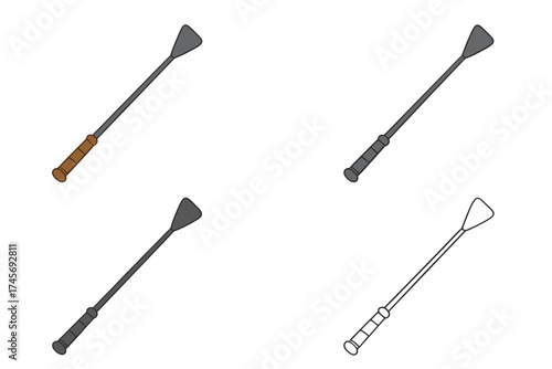 Riding crop vector icon set. Equestrian horse sport equipment symbol. BDSM fetish concept illustration. Flat, outline, silhouette and grayscale styles for graphic design.