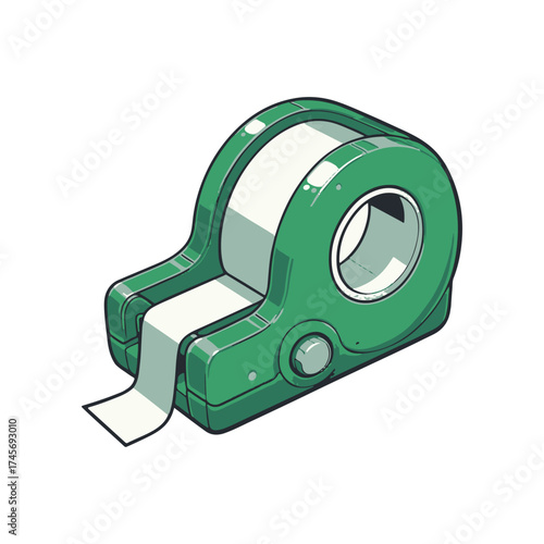 A vibrant green tape dispenser with a roll of tape partially unwound, set against a clean white background