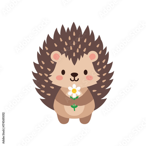 Cute cartoon hedgehog holding a flower, set against a simple white background, ideal for children's illustrations