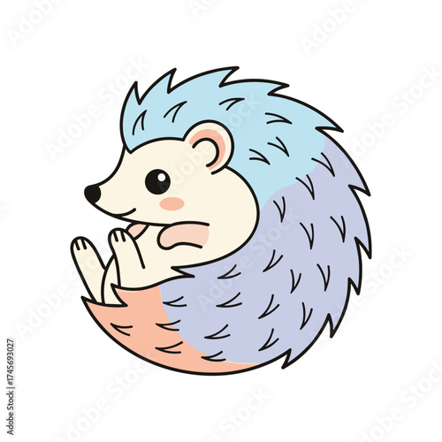 Cute cartoon hedgehog sitting comfortably with colorful quills on a white background