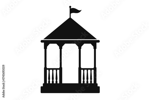 Gazebo silhouette vector icon. Park and garden pavilion symbol. Outdoor wooden structure for relaxation or events. Classic elegant public architecture illustration isolated.