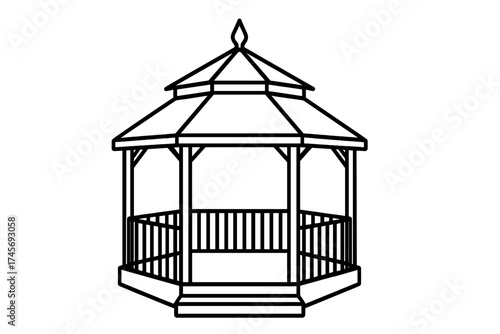 Garden gazebo line icon. Outdoor park pavilion vector illustration. Wooden summerhouse, arbor for backyard relaxation. Landscape architecture element. Simple outline drawing isolated.